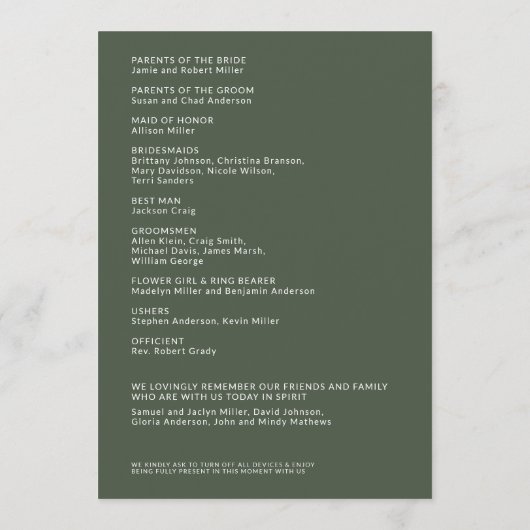 Einfache Moss Green Abgeschieden Names Hochzeitfei Programm (Rückseite)