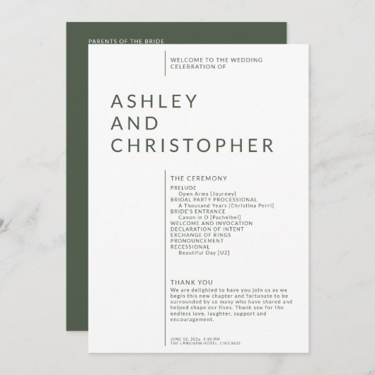 Einfache Moss Green Abgeschieden Names Hochzeitfei Programm (Vorne/Hinten)