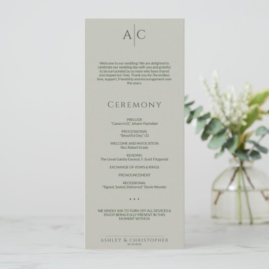 Einfache Moss & Sage Green Mongram Hochzeitfeier Programm (Stehend Vorderseite)