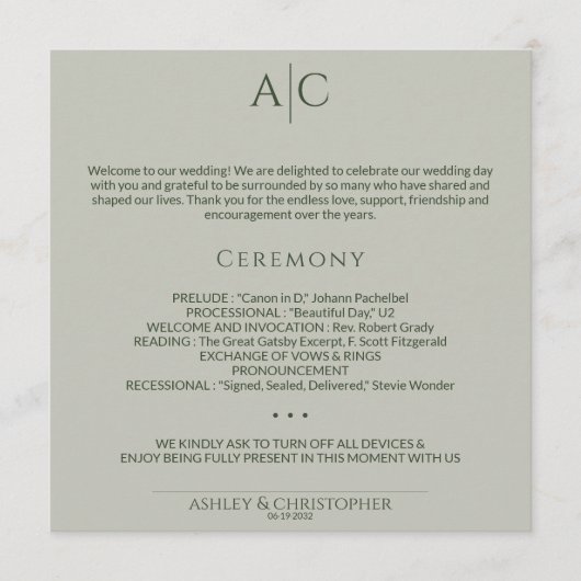 Einfache Moss & Sage Green Mongram Hochzeitfeier Programm (Vorderseite)