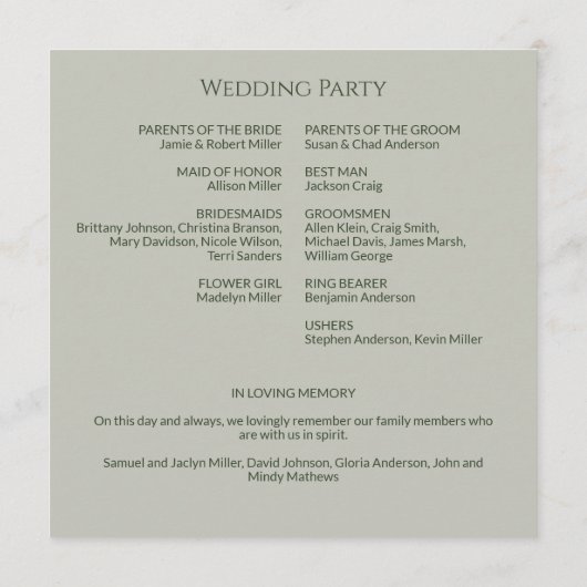 Einfache Moss & Sage Green Mongram Hochzeitfeier Programm (Rückseite)