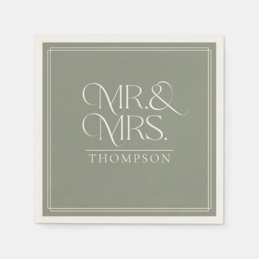 Einfache Mr. & Mrs. Green Moss Ecru Wedding Paper Serviette (Vorderseite)