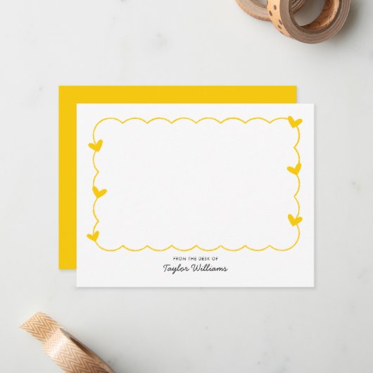 Einfache Mustard Wavy Border Heart Stationierung Mitteilungskarte (Vorderseite/Rückseite Beispiel)