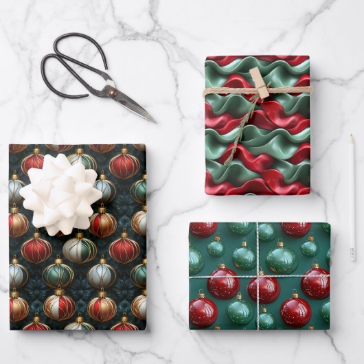 Einfache Nahtlose Weihnachten Rot und Grün Ornamen Geschenkpapier Set (Vorderseite)