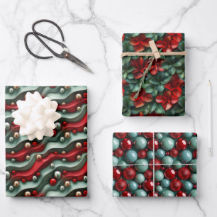 Einfache Nahtlose Weihnachten Rot und Grün Ornamen Geschenkpapier Set