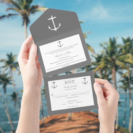 Einfache Nautic Anchor-Hochzeit | Grau All In One Einladung