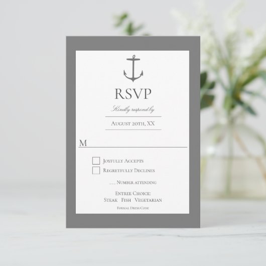 Einfache Nautic Anchor-Hochzeit | Grau RSVP Karte (Stehend Vorderseite)