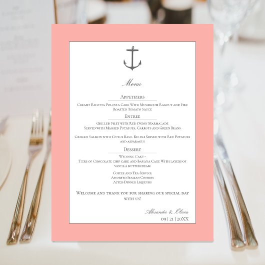 Einfache Nautic Anchor-Hochzeit | Korallen Menükarte