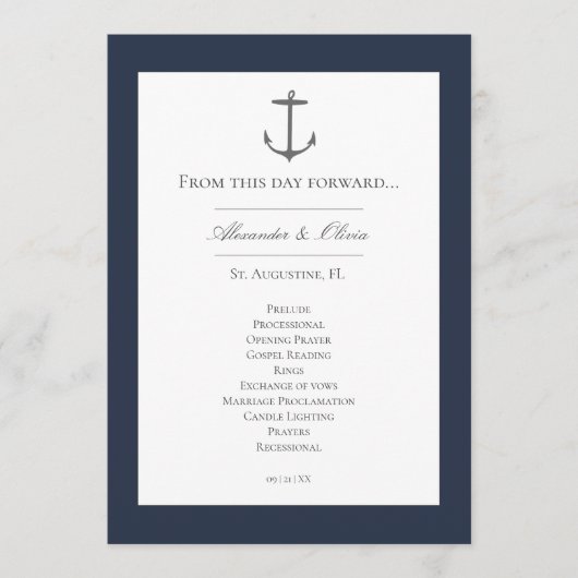 Einfache Nautic Anchor-Hochzeit | Marineblau Programm (Vorderseite)