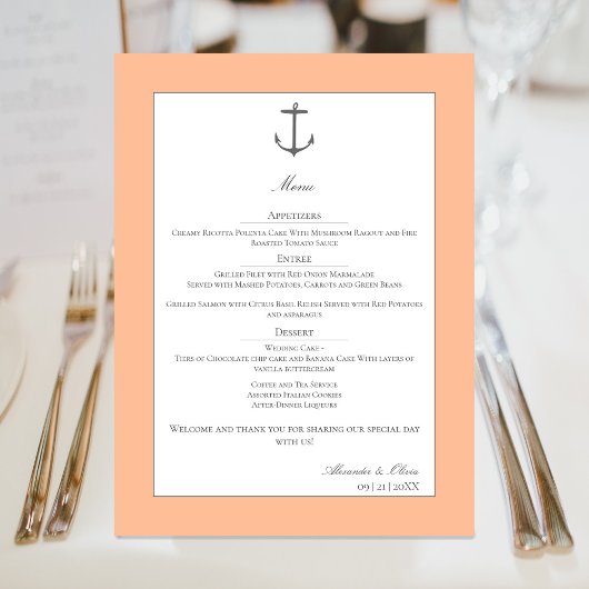 Einfache Nautic Anchor-Hochzeit | Peach Menükarte
