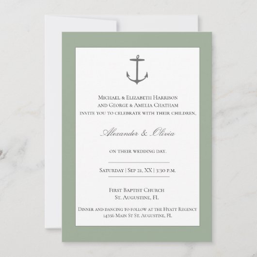 Einfache Nautic Anchor-Hochzeit | Sage Green Einladung (Vorderseite)