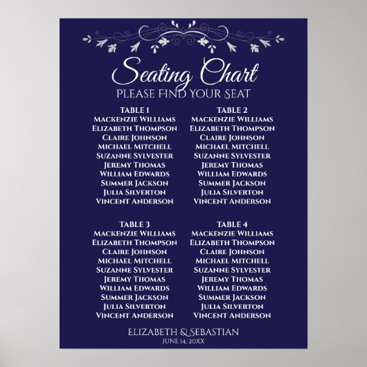 Einfache Navy Blue 4 Table Wedding Chart Poster (Vorne)