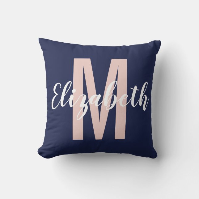 Einfache Navy Blue Blank Pink Handschrift Monogram Kissen (Vorderseite)