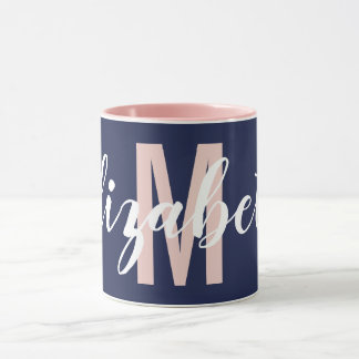 Einfache Navy Blue Blank Pink Handschrift Monogram Tasse