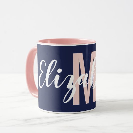 Einfache Navy Blue Blank Pink Handschrift Monogram Tasse (Vorderseite Links)