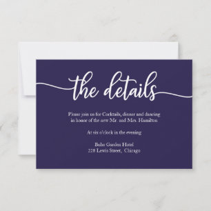 Einfache Navy Blue Calligraphy Wedding Details Car RSVP Karte
