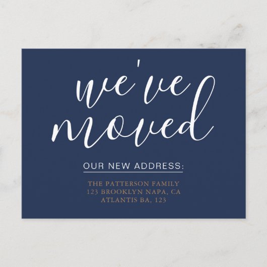 Einfache Navy Blue Calligraphy Wir haben das Haus Ankündigungspostkarte (Vorderseite)