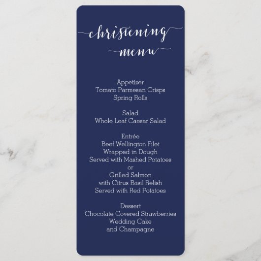 Einfache Navy Blue Christening Menu Cards Menükarte (Vorderseite)