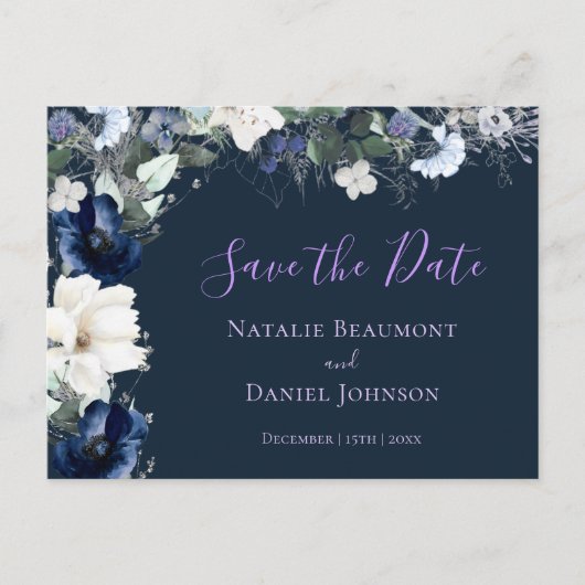 Einfache Navy Blue Floral Save the Date Einladungspostkarte (Vorderseite)