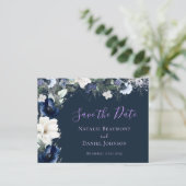 Einfache Navy Blue Floral Save the Date Einladungspostkarte (Stehend Vorderseite)