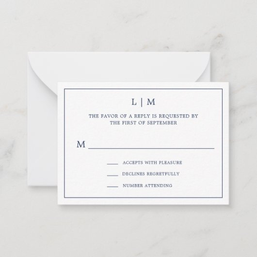 Einfache Navy Blue Monogram Mini Wedding RSVP Mitteilungskarte (Vorderseite)