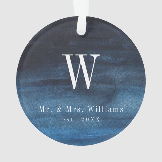 Einfache Navy Blue Monogram Newlyred Erste Weihnac Ornament (Rückseite)