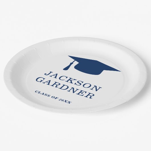 Einfache Navy Blue Mortar Board Moderner Abschluss Pappteller (Schrägansicht)