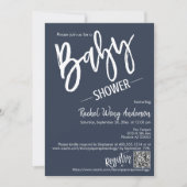 Einfache Navy Blue Script Baby Dusche QR Code Foto Einladung (Vorderseite)