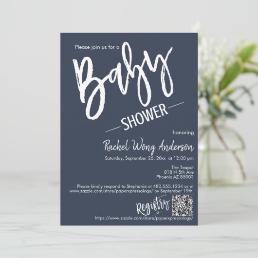 Einfache Navy Blue Script Baby Dusche QR Code Foto Einladung (Stehend Vorderseite)