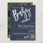 Einfache Navy Blue Script Baby Dusche QR Code Foto Einladung (Vorne/Hinten)