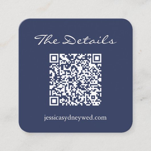Einfache Navy Blue Script Hochzeitdetails QR Code Begleitkarte (Vorderseite)