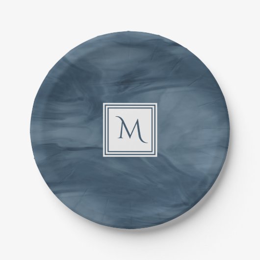 Einfache Navy Blue Subtle Marble Moderne Monogram Pappteller (Vorderseite)