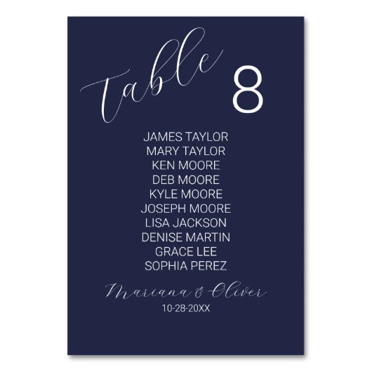 Einfache Navy Blue Tischnummer Card mit Namen (Vorderseite)