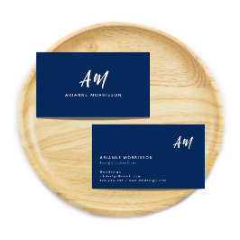 Einfache Navy Blue Two Monogram Lässige Skripte Visitenkarte