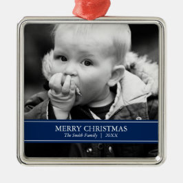 Einfache Navy Blue und White Custom Foto Christmas Silbernes Ornament