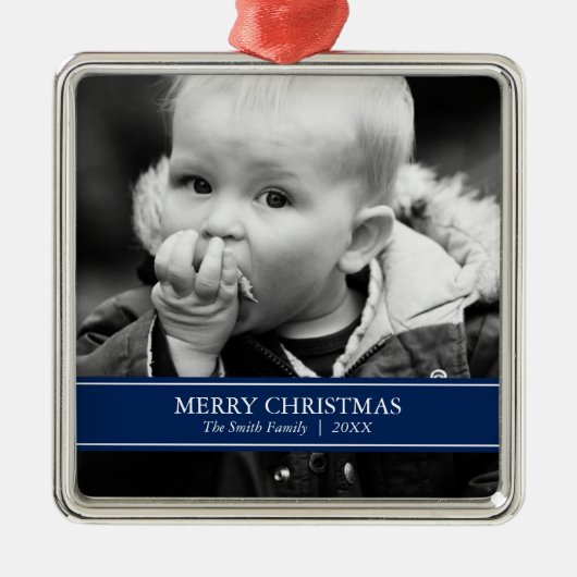 Einfache Navy Blue und White Custom Foto Christmas Silbernes Ornament (Vorne)