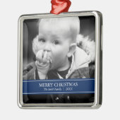 Einfache Navy Blue und White Custom Foto Christmas Silbernes Ornament (Links)