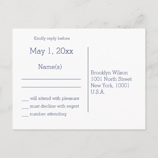 Einfache Navy Blue Wedding RSVP Postkarten (Rückseite)