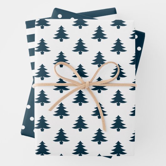 Einfache Navy Blue Weihnachtsbaumen gemischt Geschenkpapier Set (Beispiel)