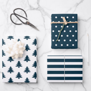 Einfache Navy Blue Weihnachtsbaumen gemischt Geschenkpapier Set