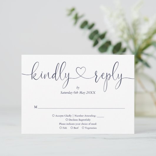 Einfache Navy Blue White Script Herzlichen Antwort (Stehend Vorderseite)