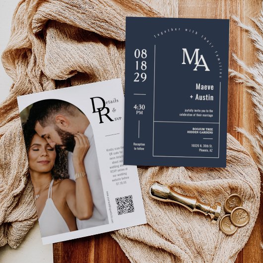 Einfache Navy Moderne Minimal Arch Foto QR Code Einladung