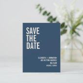Einfache Navy-Typografie-Hochzeit rettet das Datum Postkarte (Stehend Vorderseite)