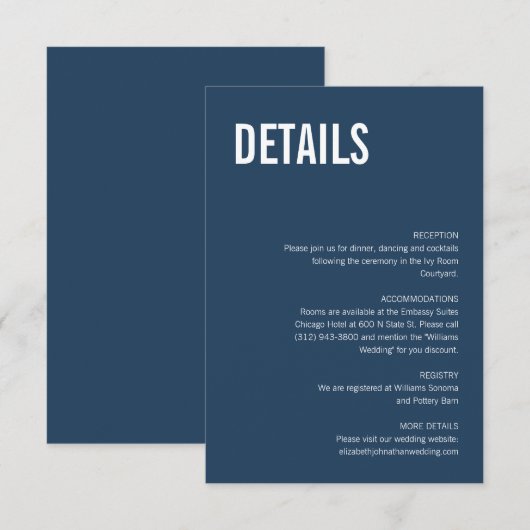 Einfache Navy-Typografie-Hochzeitsdetails Begleitkarte (Vorne/Hinten)
