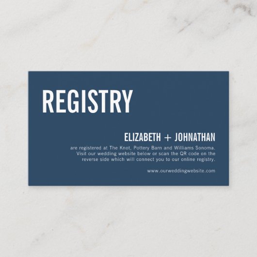 Einfache Navy Typografy Wedding Registry QR Code Begleitkarte (Vorderseite)