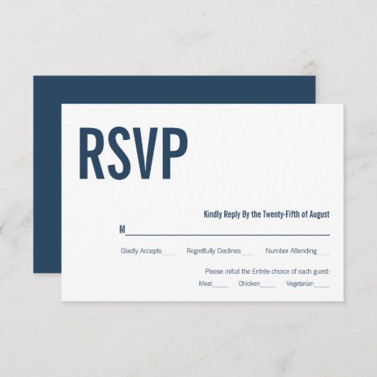 Einfache Navy Typografy Wedding RSVP Card (Vorne/Hinten)