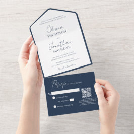 Einfache Navyblaue Umrandung Schrift QR-Code Hochz All In One Einladung