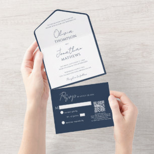 Einfache Navyblaue Umrandung Schrift QR-Code Hochz All In One Einladung