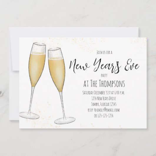 Einfache New Years Party Champagne Einladung (Vorderseite)