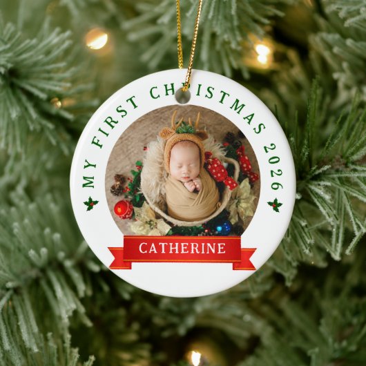 Einfache Niedlich Baby's First Christmas Individue Keramik Ornament (Baum)